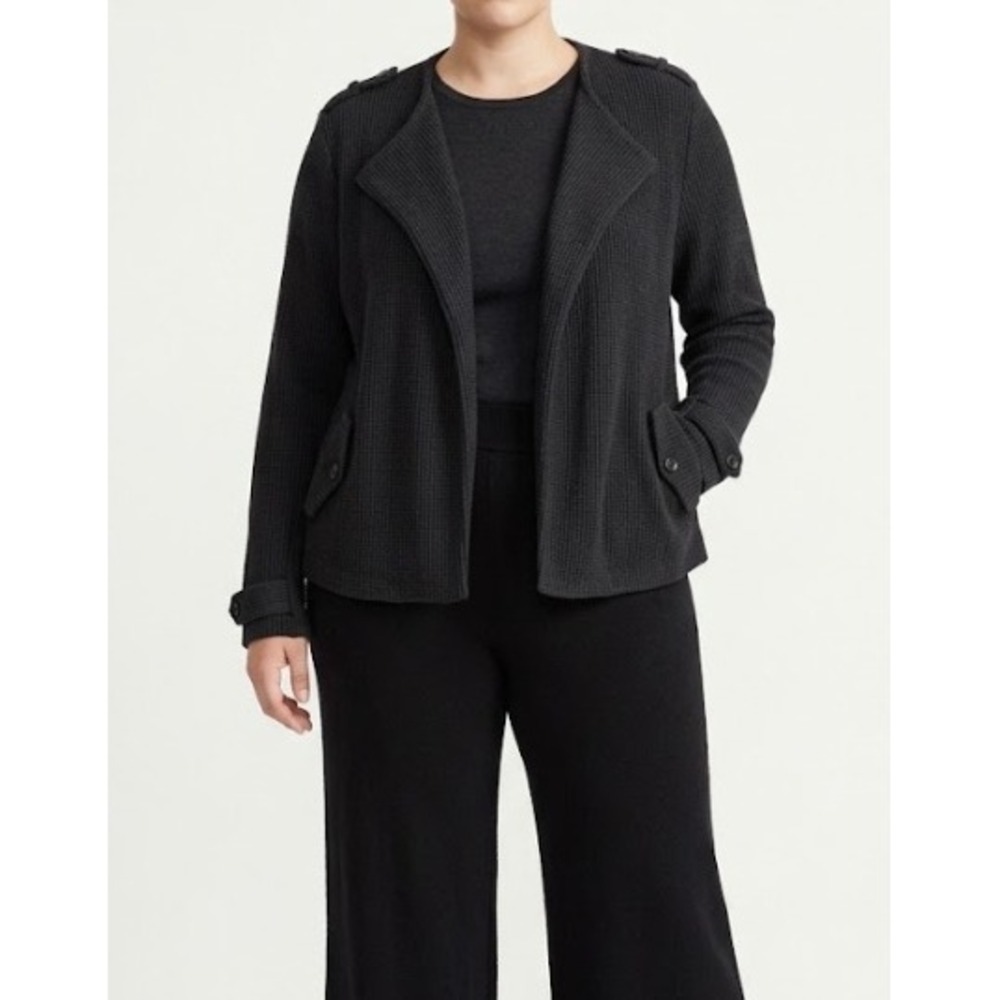 New Tahari Open Front Cardigan Waffle Knit Jacket Large Black Office Comfy